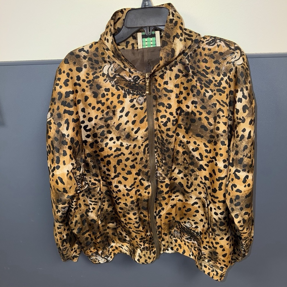Vtg EVR Boho Cottage Bomber Silk‎ Mock Neck Woman's Medium Cheetah Leopard Print